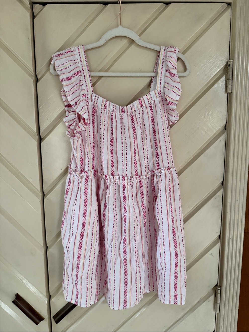 Time and Tru Pink & White Striped Ruffle-Shoulder Mini Dress